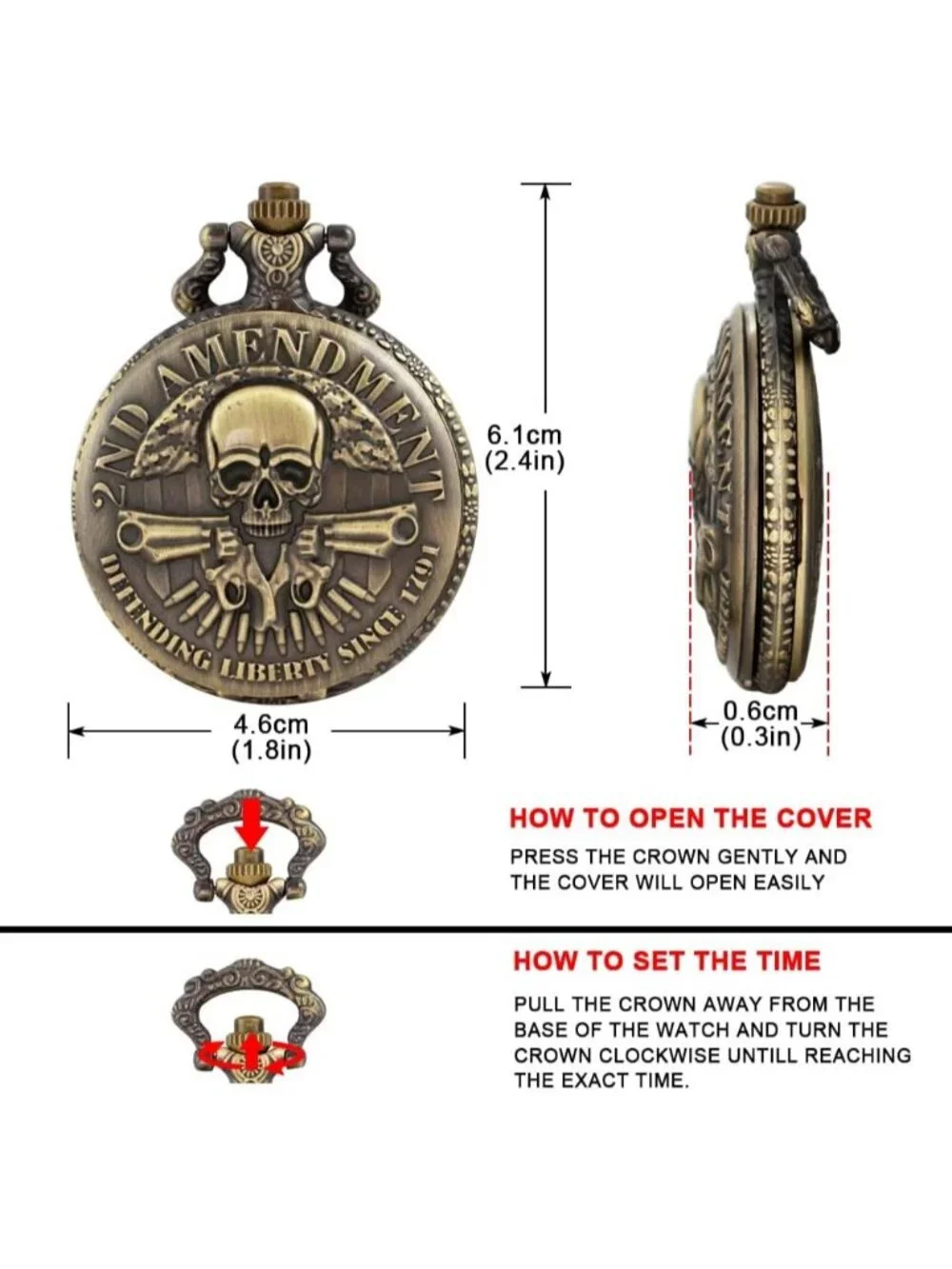 Men's Brown Analog Quartz Arabic Numerals Engraved Skull Vintage Pocket Watch